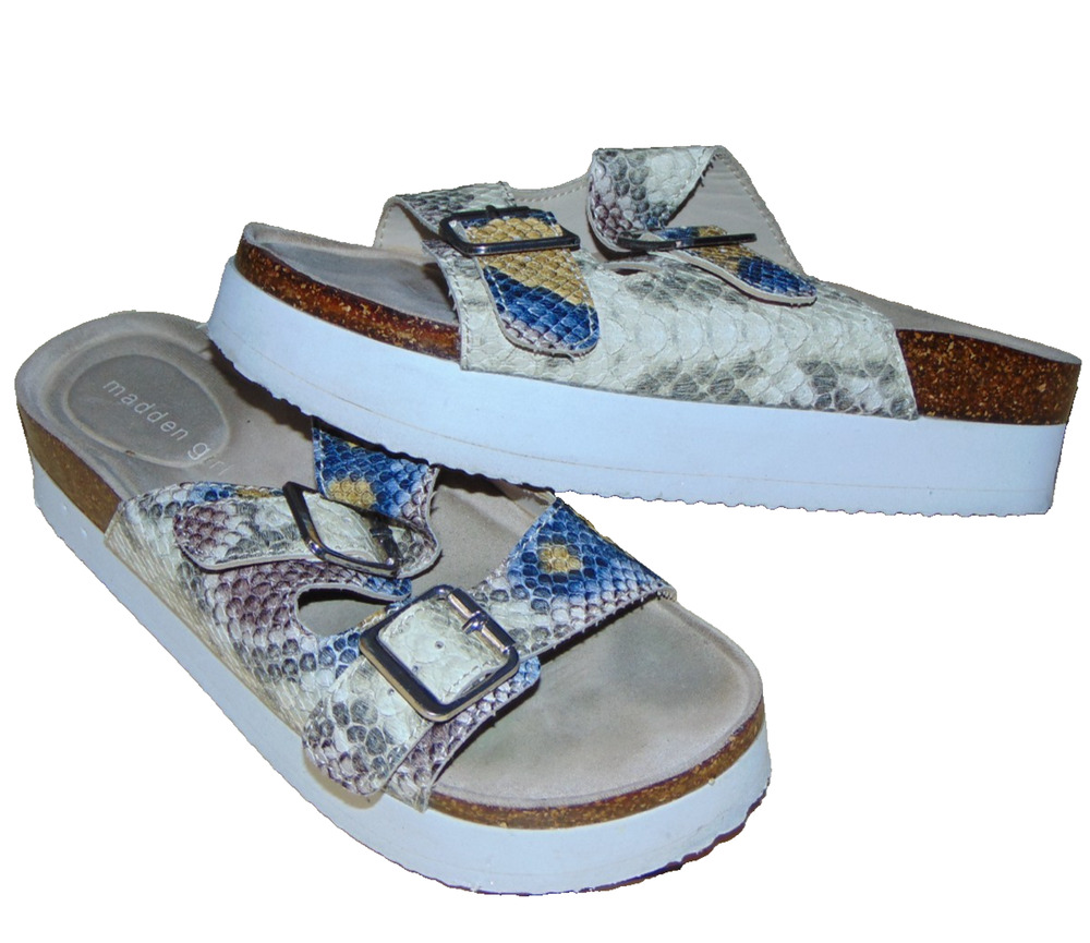 Madden Girl Brando Sz 7M Platform Slide Sandals Snakeskin Python Cork White Sole
